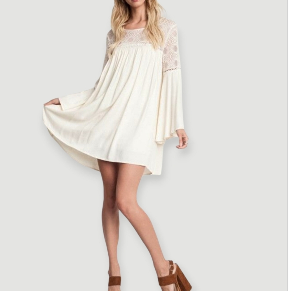 Umgee Bohemian Cottage Core Boho Bell Sleeve Baby Doll Dress, Size Large